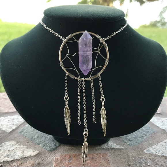Dream catcher necklace . Genuine amethyst crystal gemstone boho wire wrap stones - Picture 7 of 8
